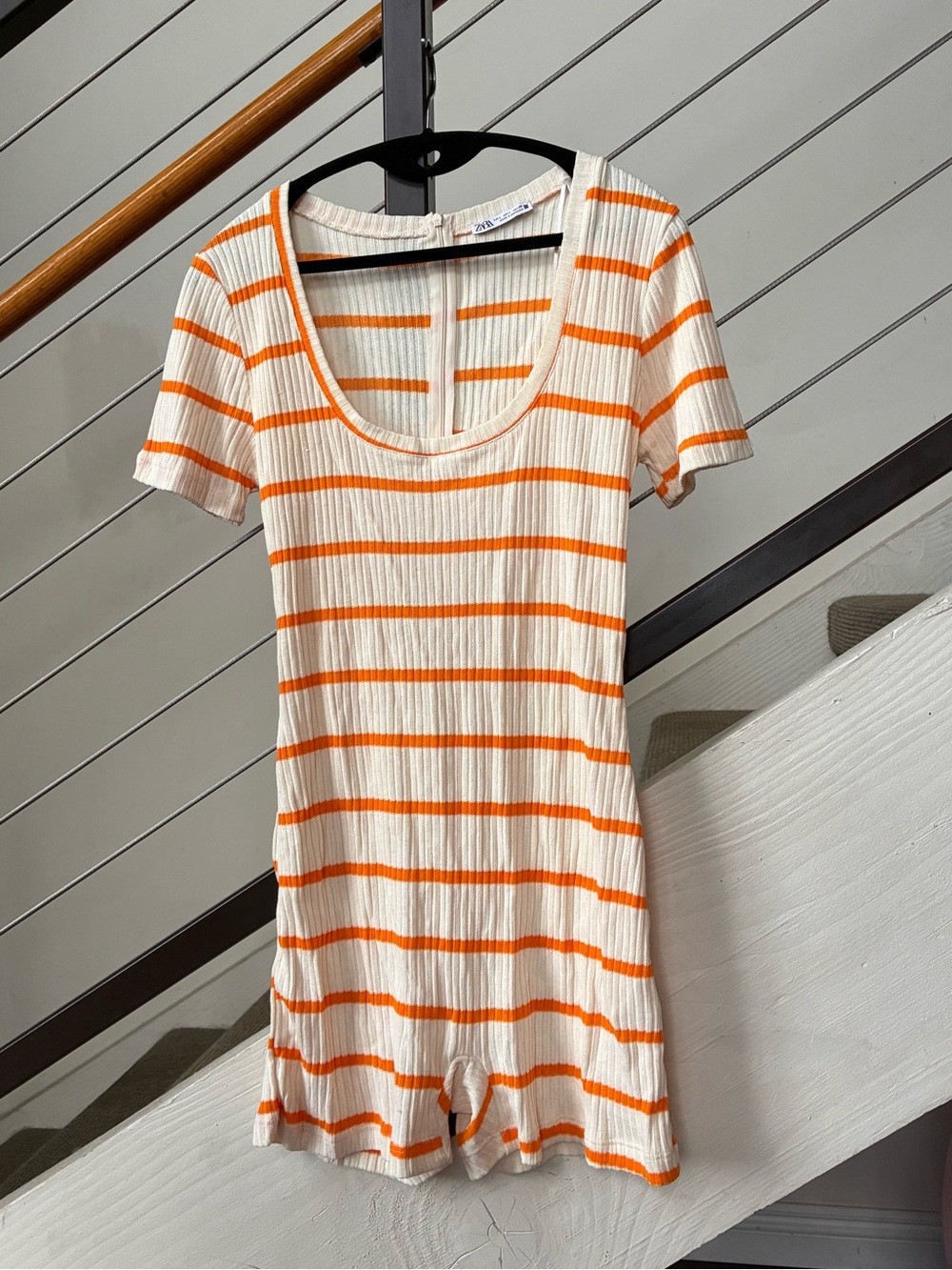 Zara Cream Ribbed Short Romper with Orange & Black Stripes